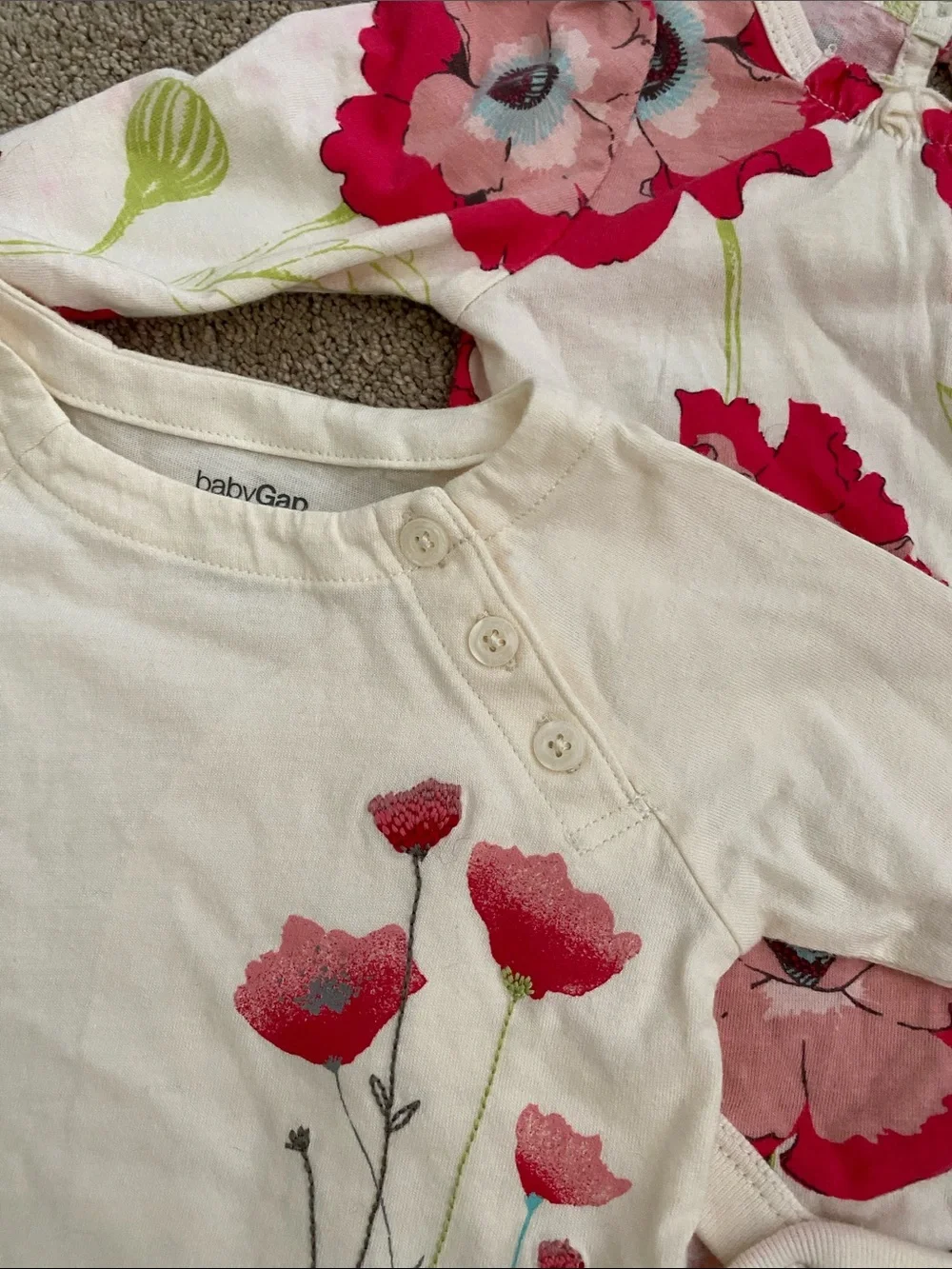 Great for  TWINS!!!! 2 GAP Cream One-Piece Bodysuits with Pink Floral Print